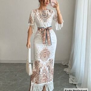 Elegant White and Brown Patterned Dress